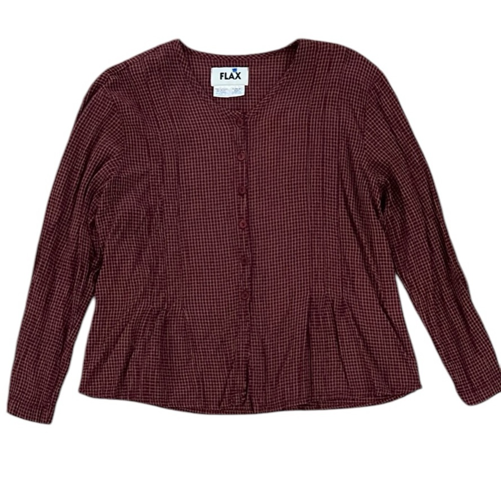 Flax Women Relaxed Small‎ Burgendy Pleated Button Down Crewneck Blouse